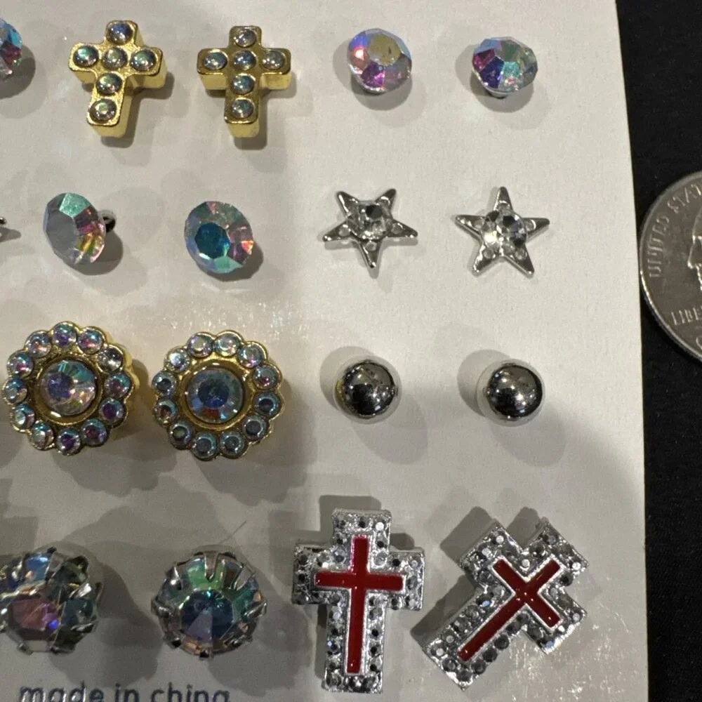 Mint 24 Pc Set Studs Faux Pearl Rhinestone Cross Bows Earrings MultiPack NEW